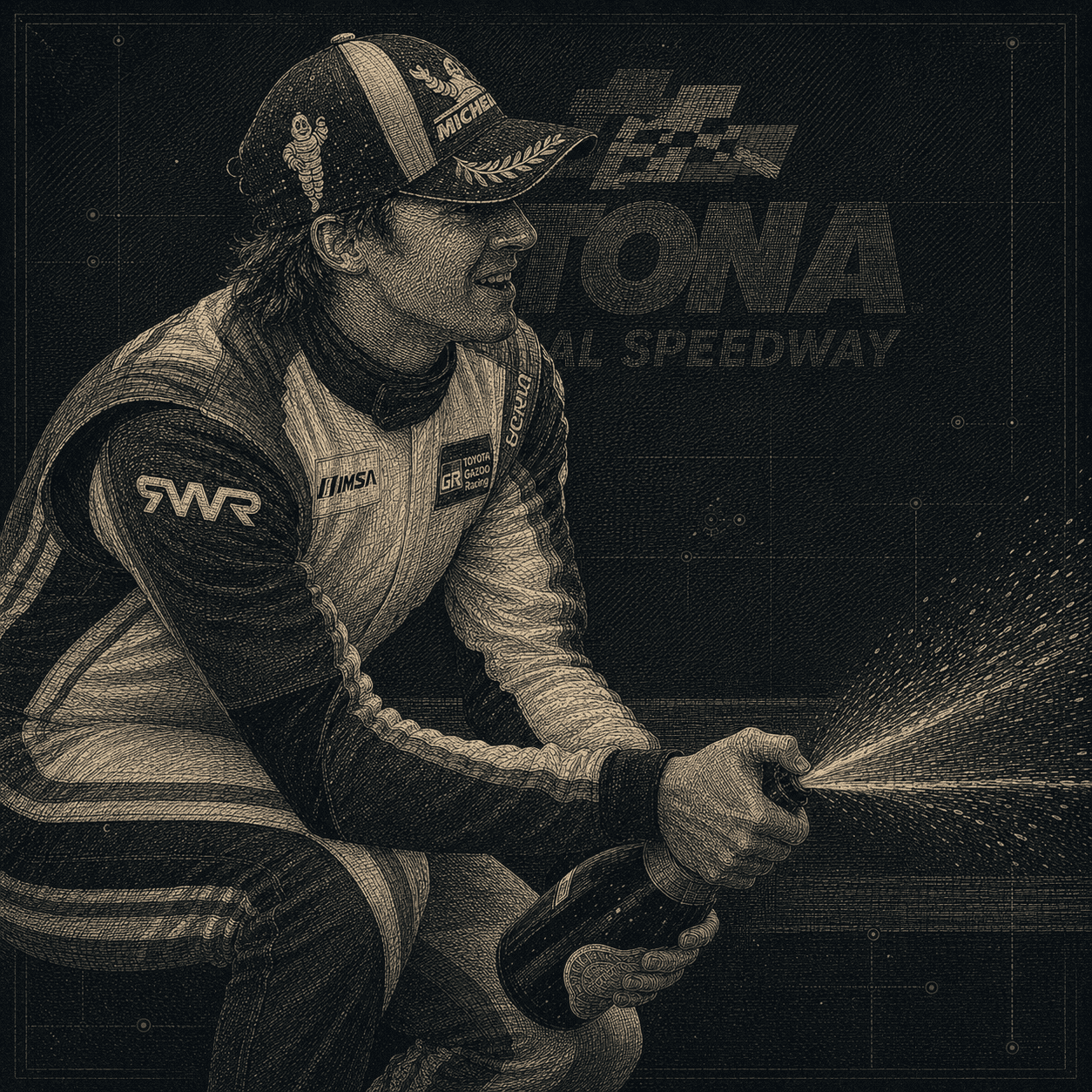 Machine Nerve founder David Hodge Jr. celebrating a win at Daytona International Speedway